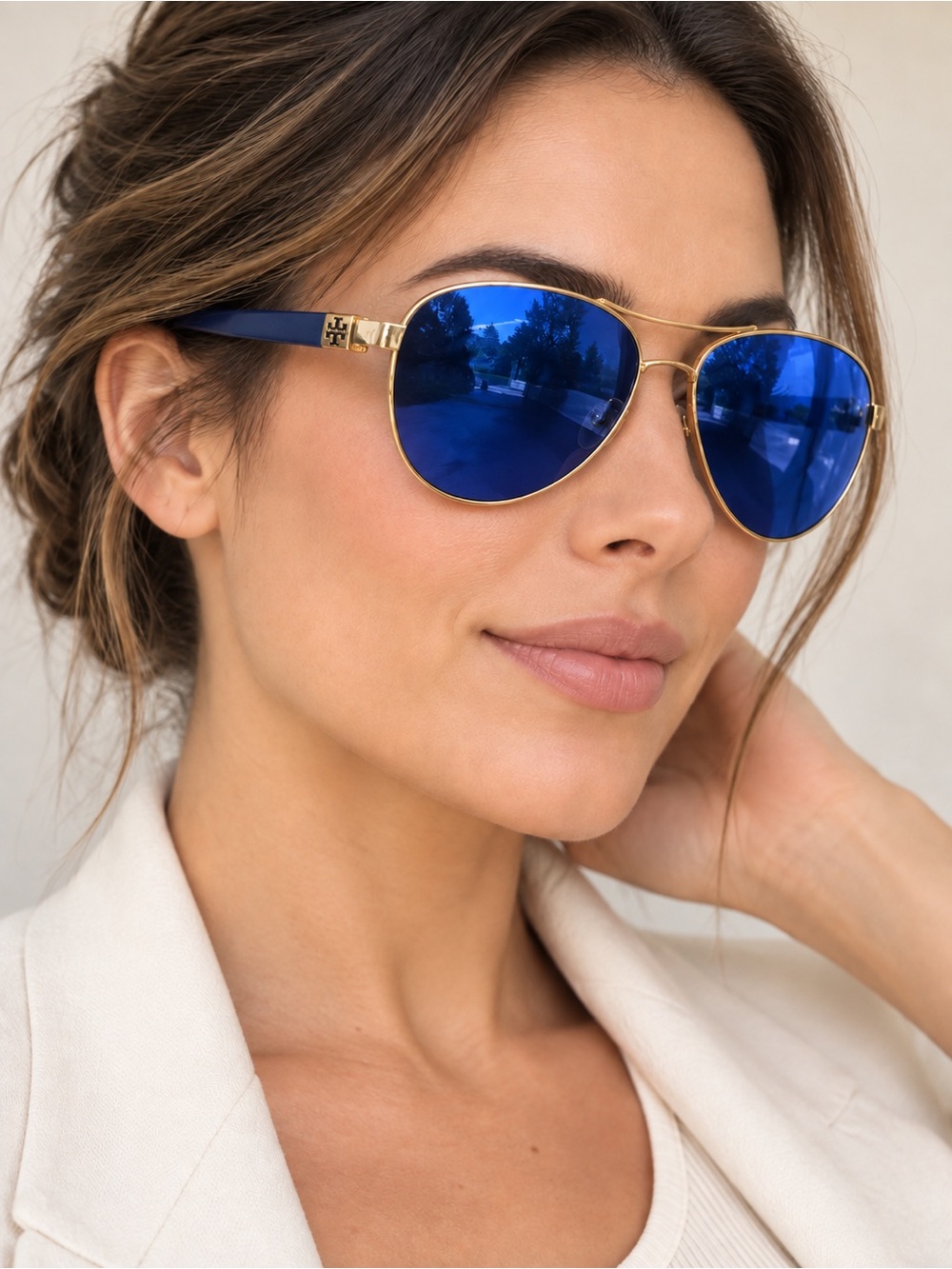 Tory Burch Gold-Trim Blue Mirrored Aviator Sunglasses